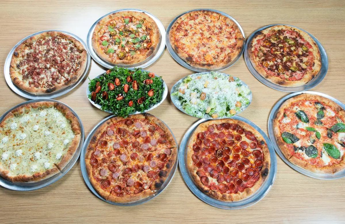 A spread of pizzas for a group order from Ballard Beer Box in Ballard, Seattle