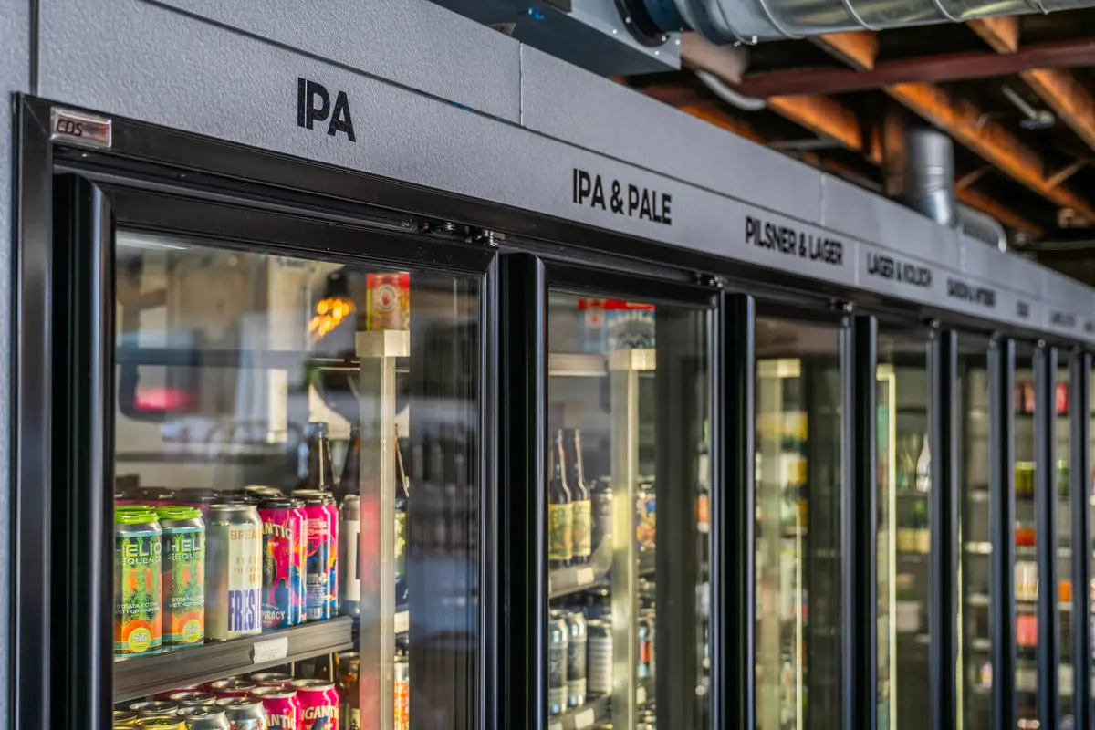 The fourteen-door beer and wine fridge at Ballard Beer Box in Ballard, Seattle