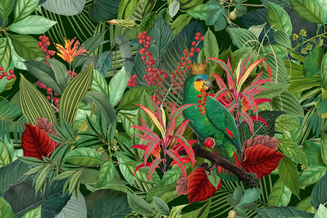 The Parrot King mural at Ballard Beer Box: a crowned parrot among magenta and teal tropical leaves